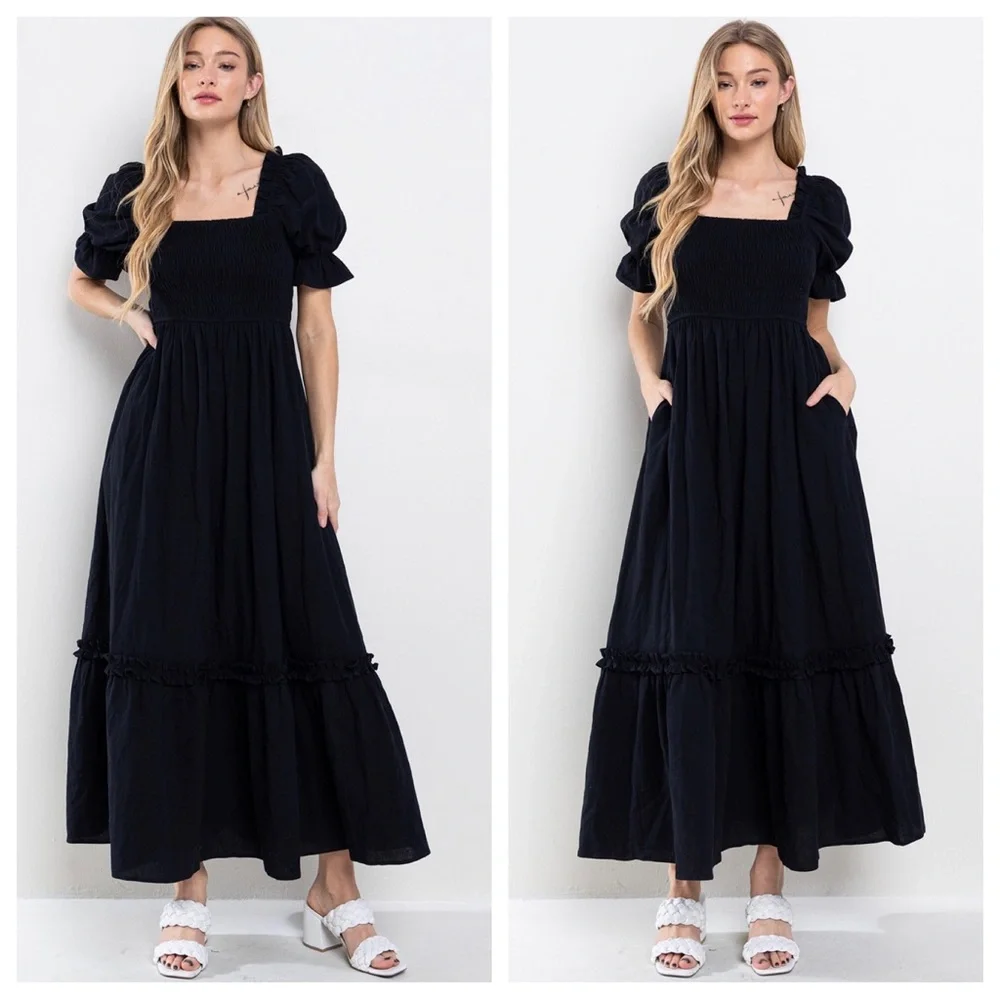 Boho Beautiful Linen Solid Smoking Detail Long Dress - Picture 2 of 5